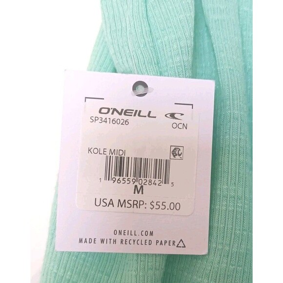 O’Neill Ribbed Tube Top Dress Mint Green Size Medium Beach Dress Side Slit New - Picture 7 of 11